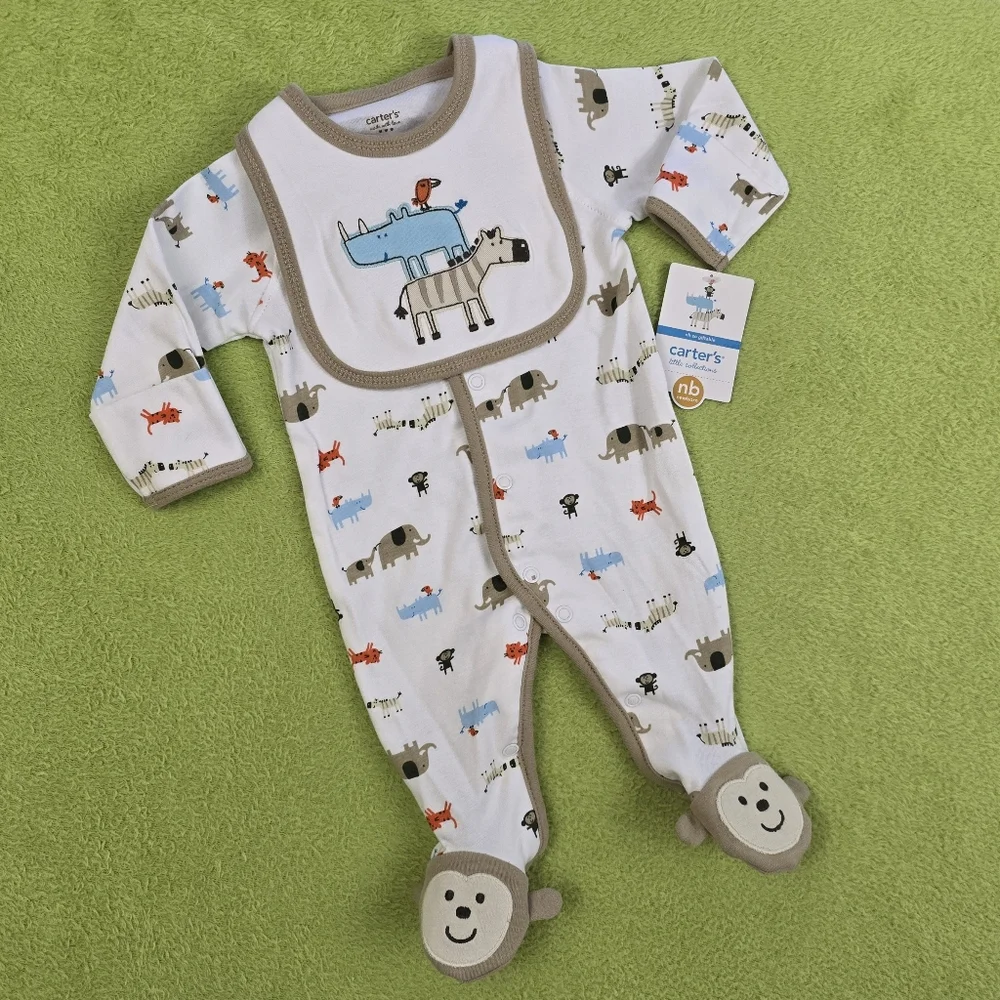 NWT 0-3M Baby BOYS 2P FOOTIE & BIB JUNGLE ANIMALS MONKEY RHINO TIGER etc (Q1)